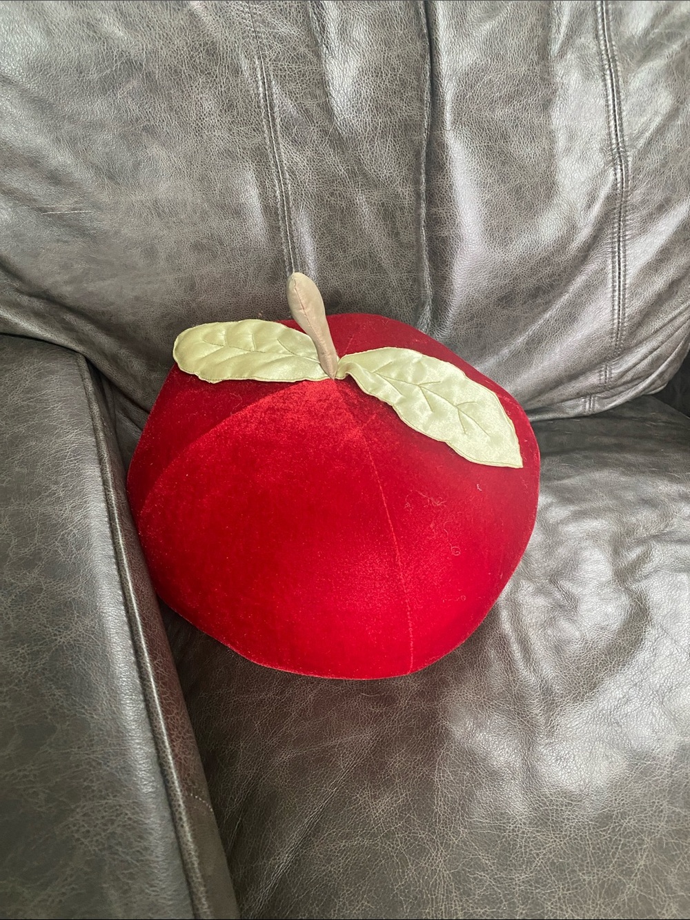 Vintage Velvet Red Apple Pillow with Pale Green Leaves